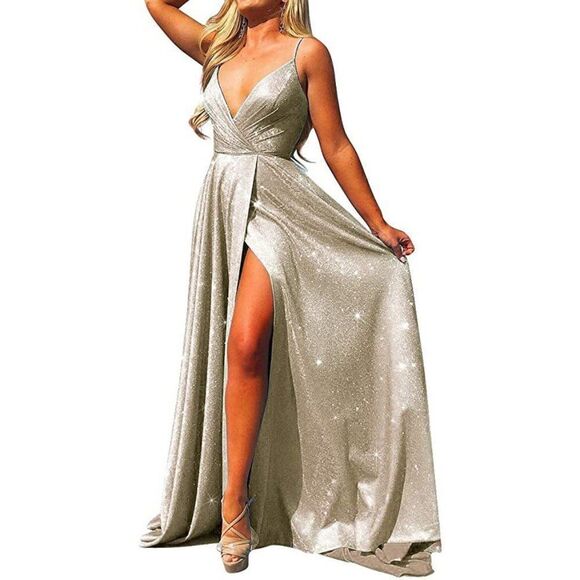 Long Prom Dresses V Neck Spaghetti Sparkling Formal Evening Gown High Slit Maxi - Picture 1 of 10
